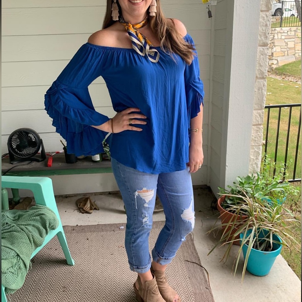 Blue Off the Shoulder Bell Sleeve Top